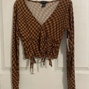 Brown Checkered Long Sleeve Crop Top